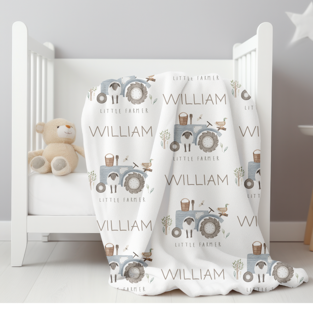 Custom Farm Tractor Minky Blanket - Soft Personalized Baby Gift, 3 Sizes, Cozy Nursery Decor